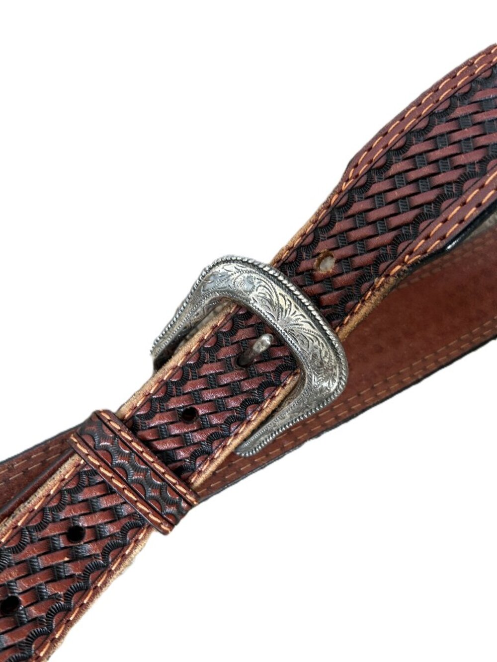 Leather Basket Weave Tooled Belt 46 Western Silver Buckle